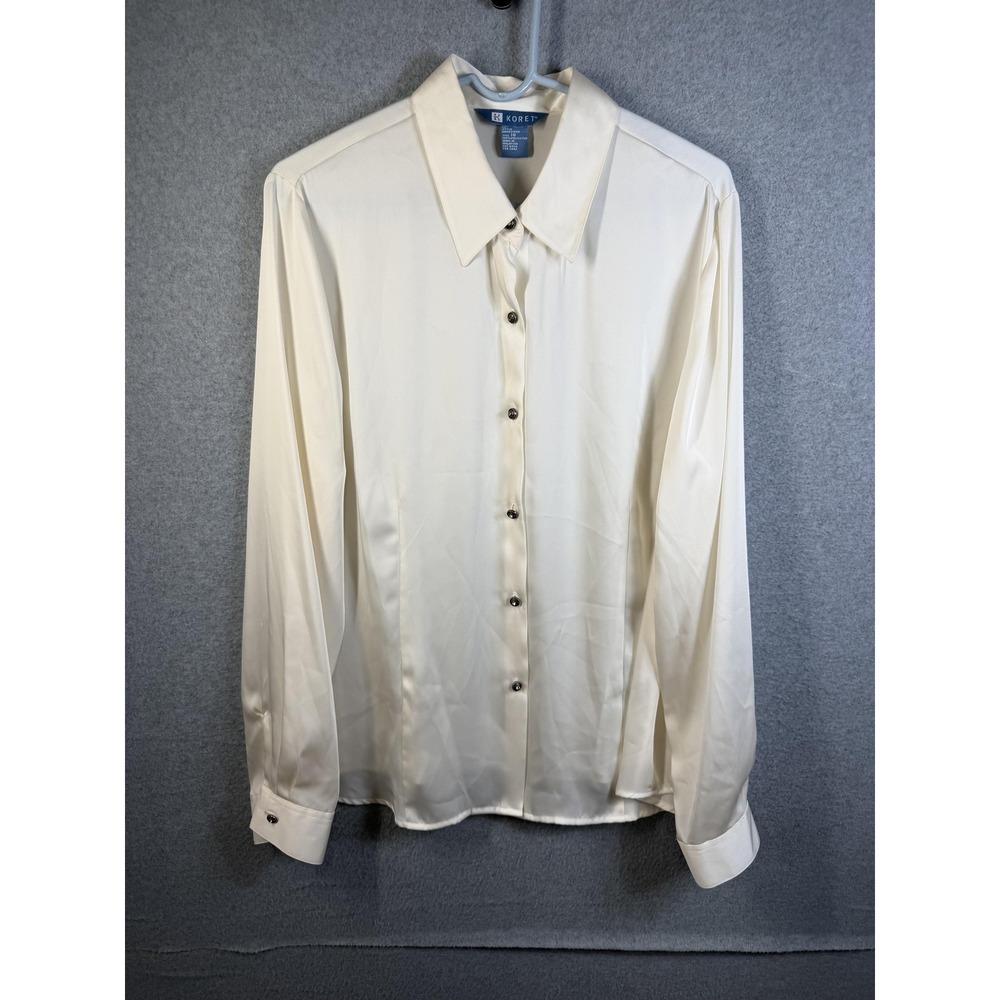 Koret Blouse Womens 18 Beige Satin Button Front Rhinestone Cuff Shirt Top